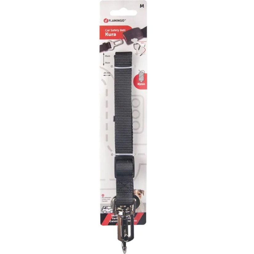 Flamingo Car Safety Belt Kura Black Nylon - vodítko do auta pro psy, nylon, černé - M - Velikost: M
